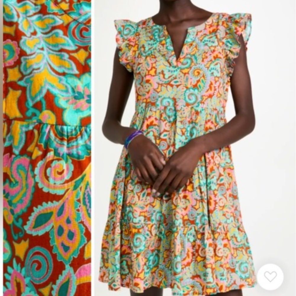 Roller Rabbit Rodez Pippa Dress Paisley Print Flutter Sleeve Tiered Small